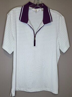 Monterey Club White Silver Stripe 1/4 Zip Golf Polo Shirt Purple Collar Womens L